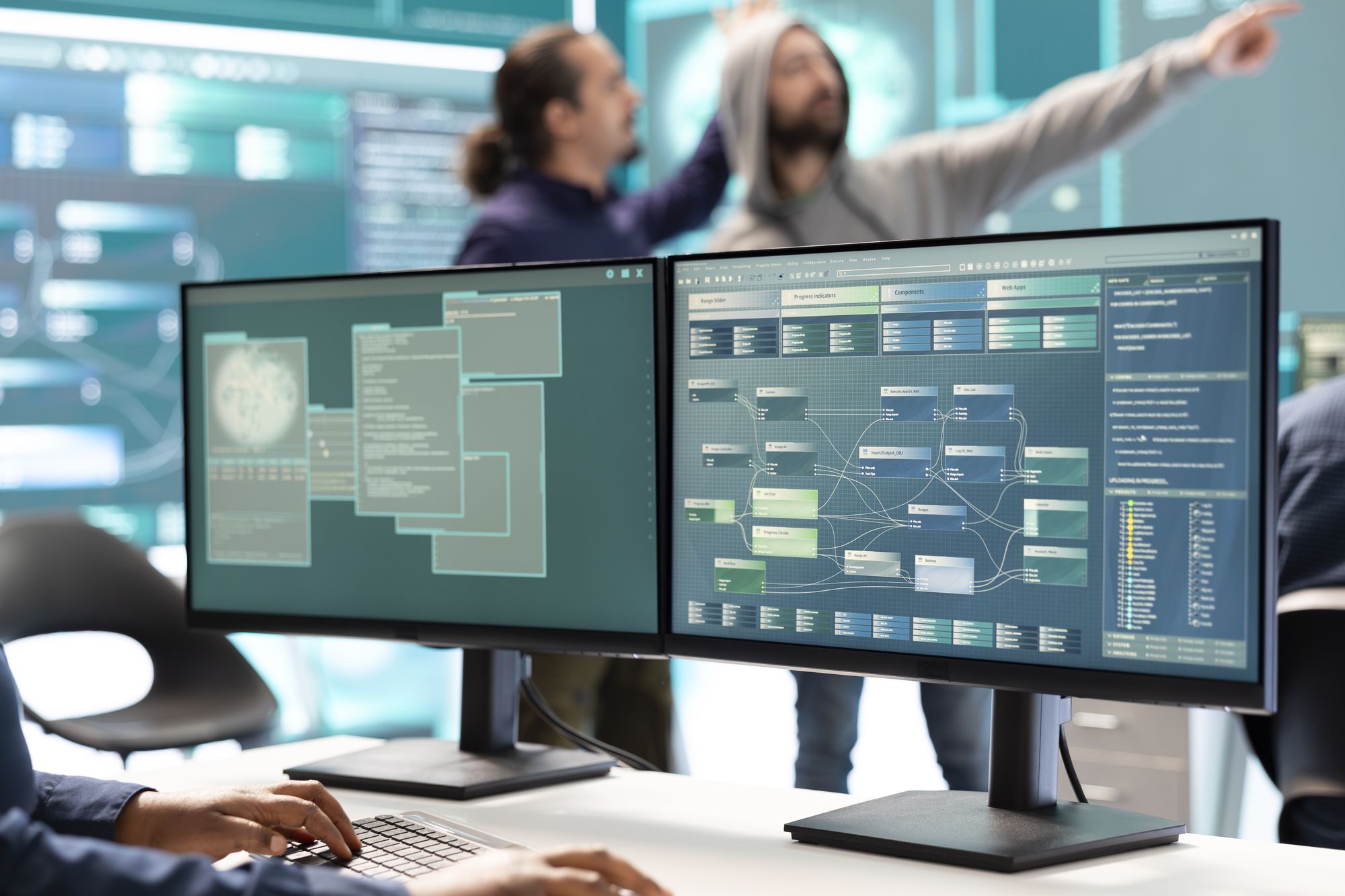 Cyber security experts working on spyware and malware detection in a governmental agency center. Examining server and database info on a big screen to combat cyberterrorism, hacking team.